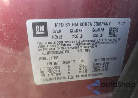 2022 Chevrolet Trailblazer Rs z USA, uszkodzony, nr VIN KL79MUSL8NB077105